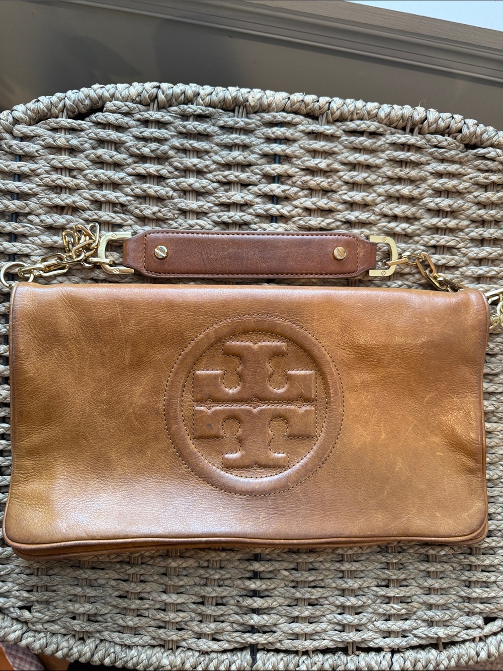 Tory Burch Cognac Leather Logo Clutch with Gold Chain